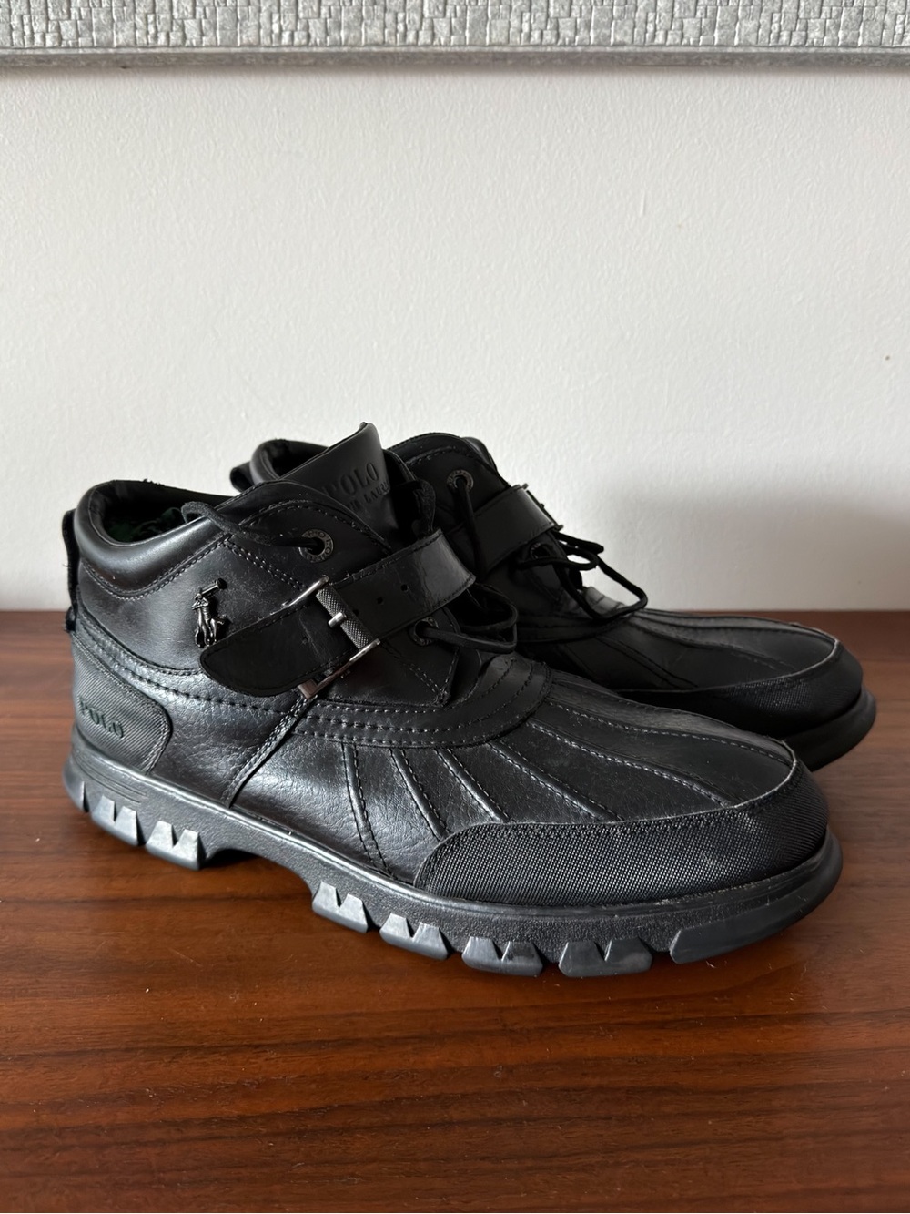 Polo Ralph Lauren Dover III Men’s 14 Black Leather Duck Boots Buckle Lace Up